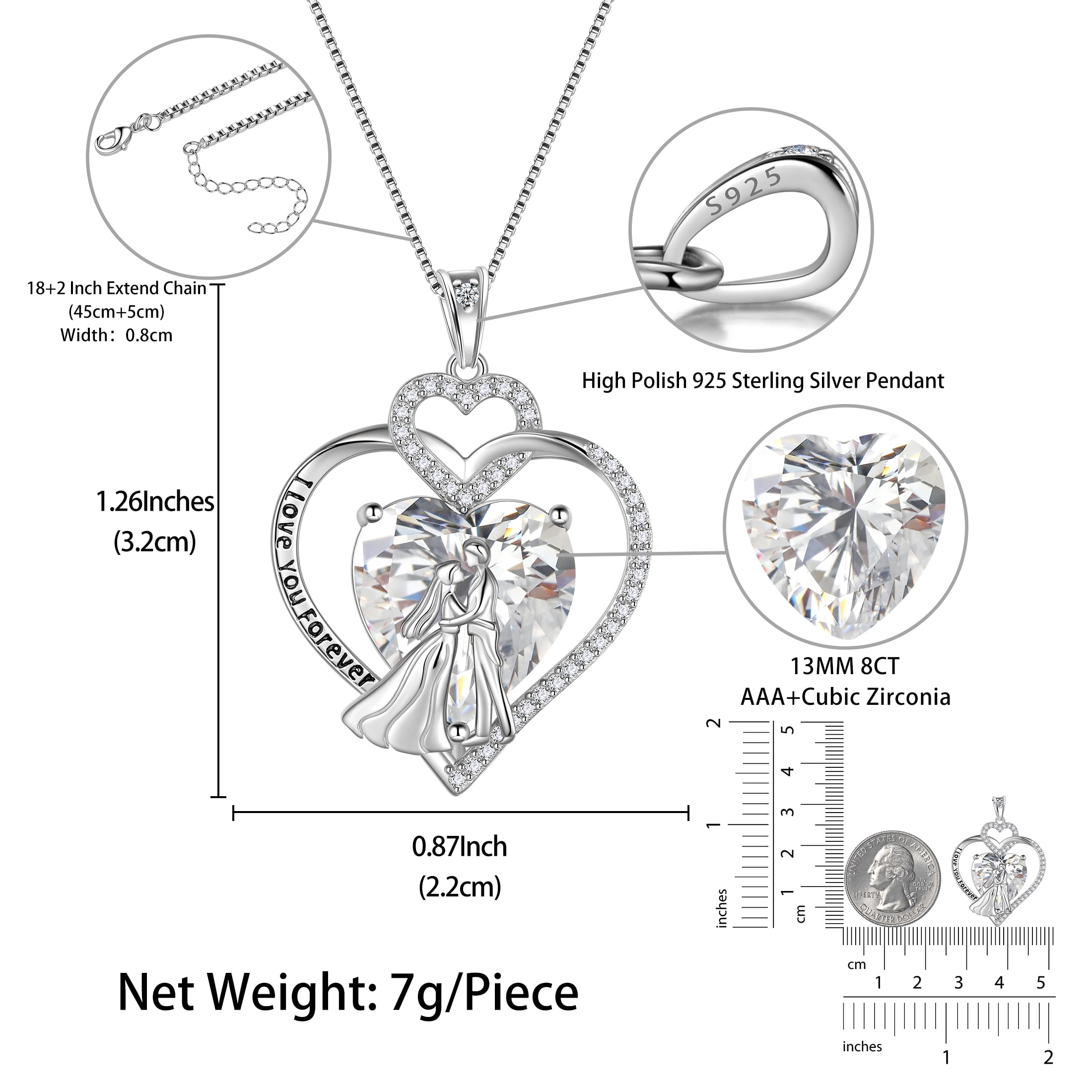 Juwaliy Couple Necklace for Women 925 Sterling Silver Heart April Birthstone Pendant Engraved Wedding Engagement Jewelry Valentines Day Gift for Her Wife Bride Girlfriend