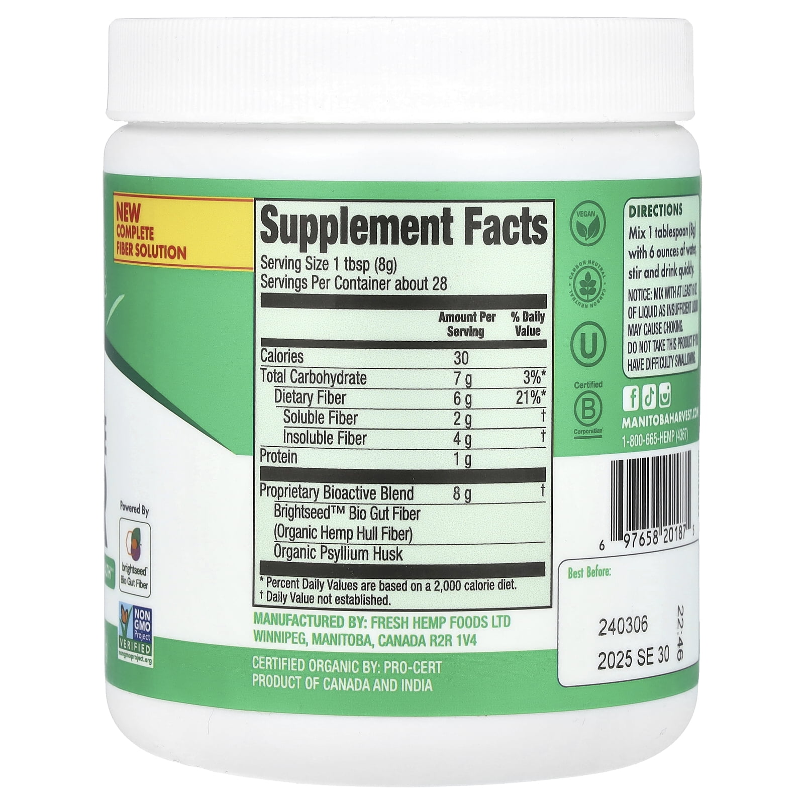 Manitoba Harvest Organic Bioactive Fiber Supplement with Psyllium Husk, 8 oz (227 g), 28 Servings