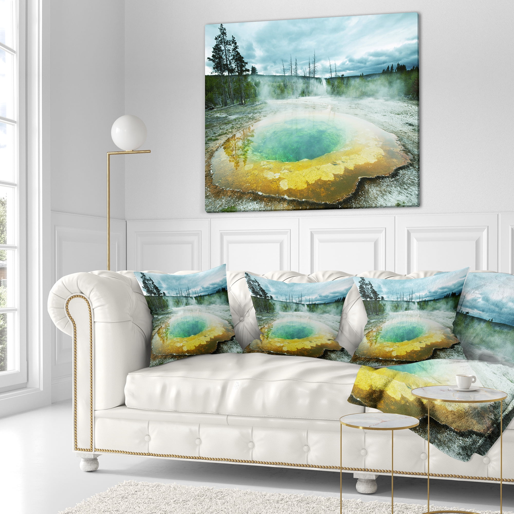 Designart Morning Glory Pool Under Clouds - Landscape Photography Throw Pillow - 18x18