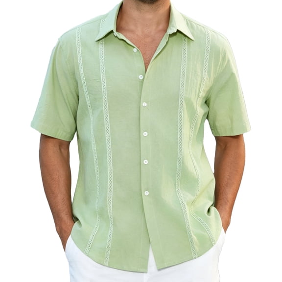 Men's Cuban Guayabera Shirt Short Sleeve Button Up Cotton Linen Shirt for Beach Casual Wear