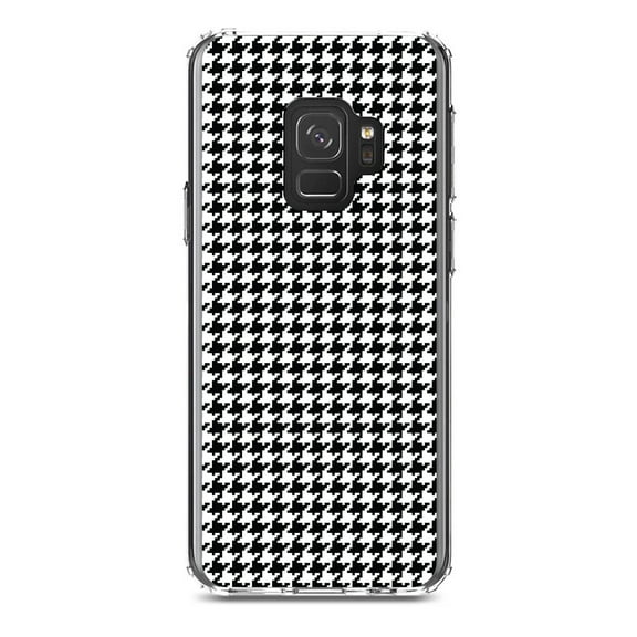 DistinctInk Clear Shockproof Hybrid Case for Samsung Galaxy S9 (5.8" Screen) - TPU Bumper, Acrylic Back, Tempered Glass Screen Protector - Black White Houndstooth Pattern