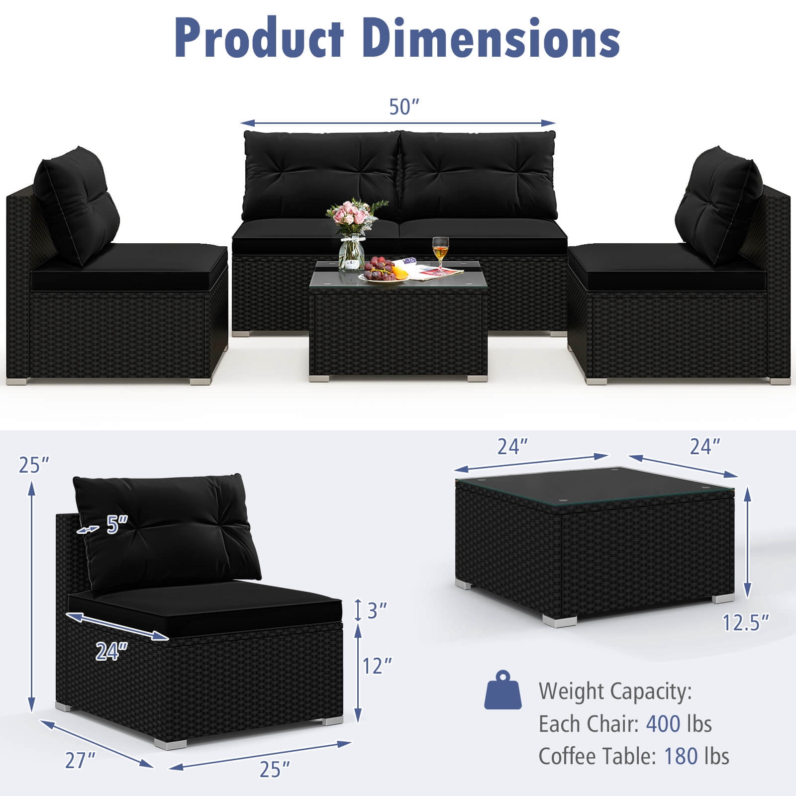 Costway 5 Piece Outdoor Furniture Set with Seat & Back Cushions Tempered Glass Tabletop Black