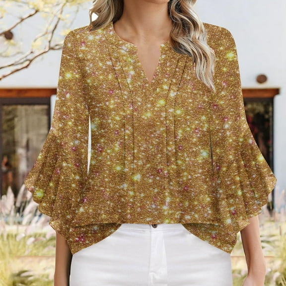 Viluyesy V-Neck T-Shirt for Womens 3/4 Sleeves Shirt Tops Loose Blouse Gold Size M