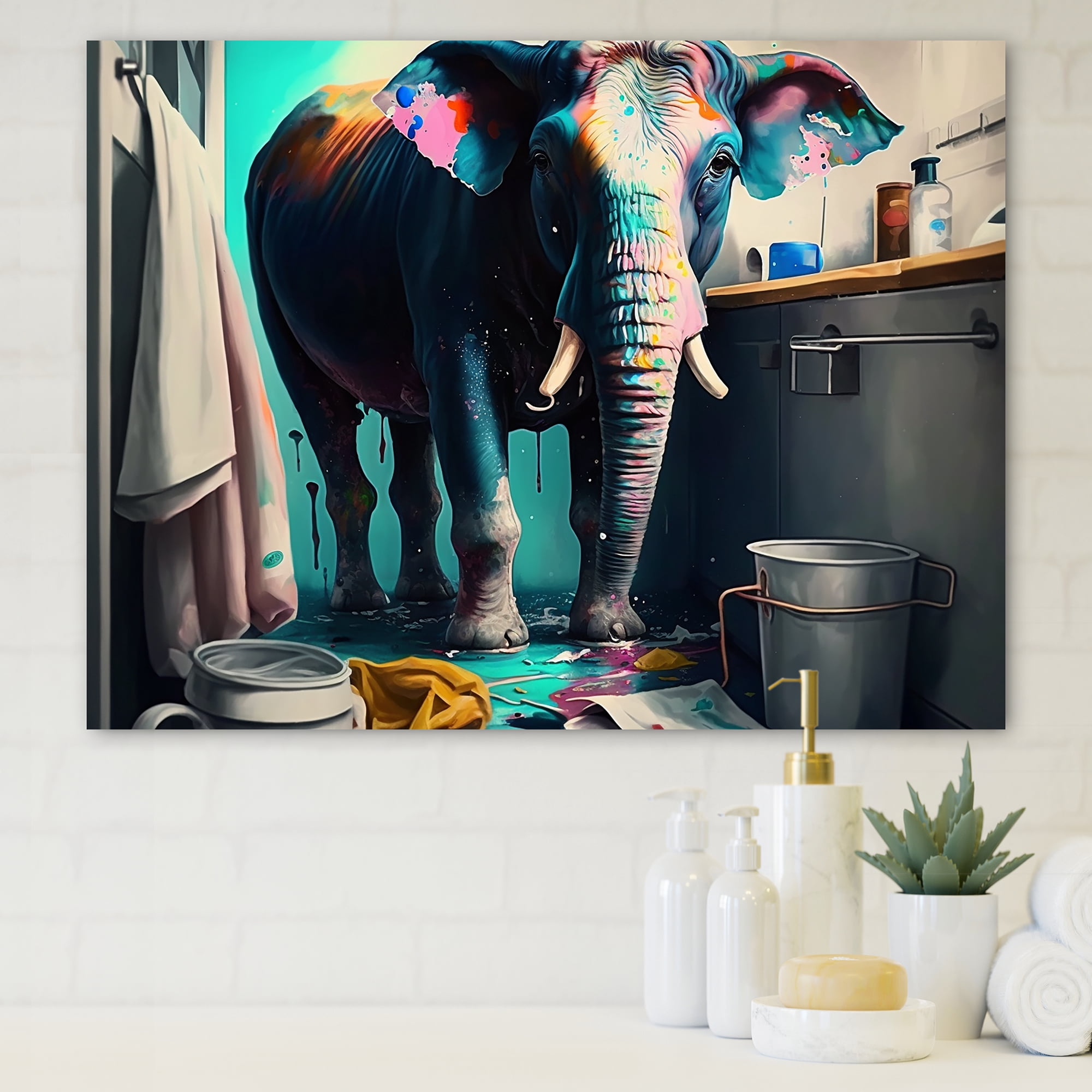 Designart Cute Elephant Doing Laundry I Canvas Wall Art