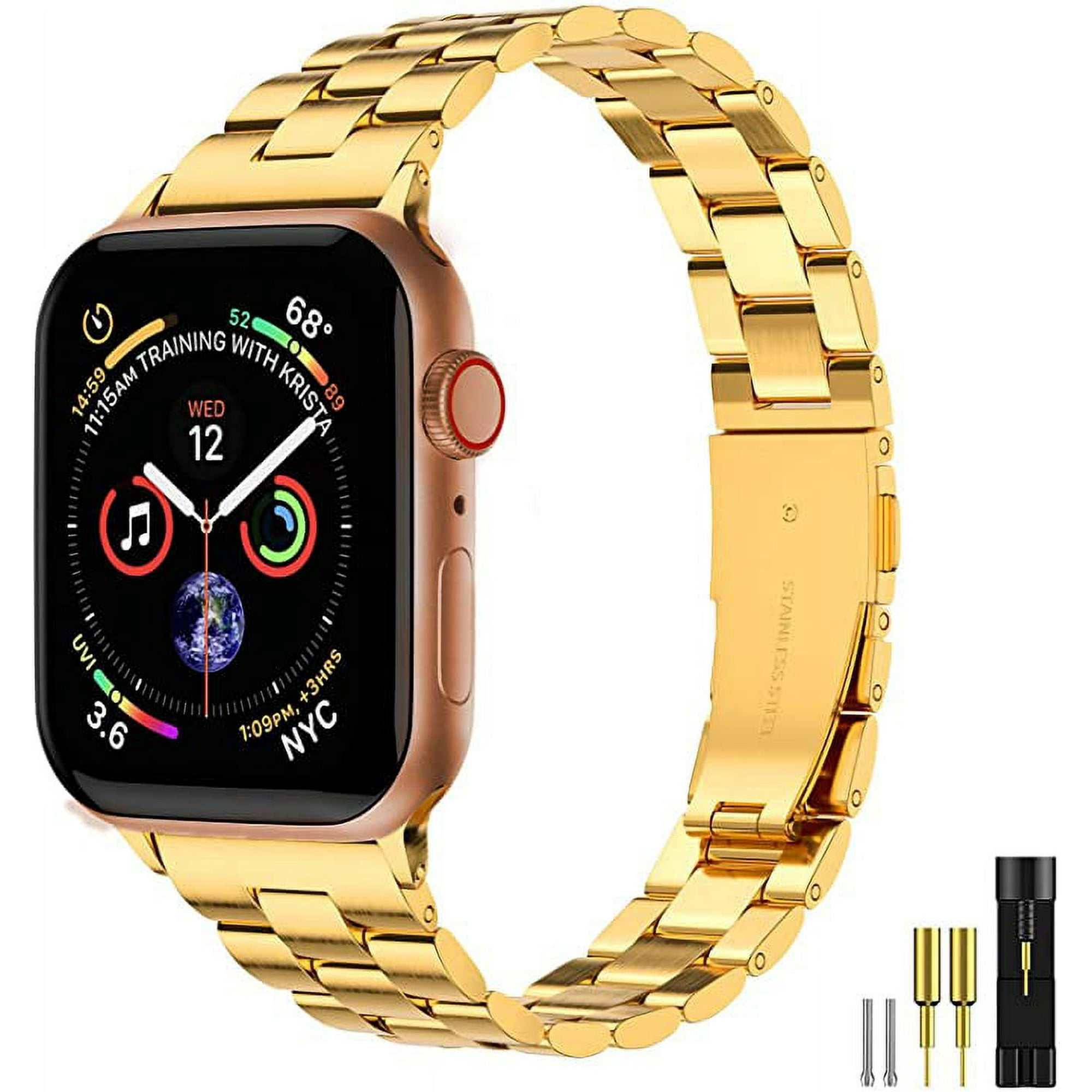 Fitlink Slim Stainless Steel Metal Band for Apple Watch 38/40/41/42/44/45mm, Apple Watch Band for Apple Watch Series 7 Apple Watch Series 6 Apple Watch Series SE/5/4/3/2/1 (Gold-42/44/45mm)