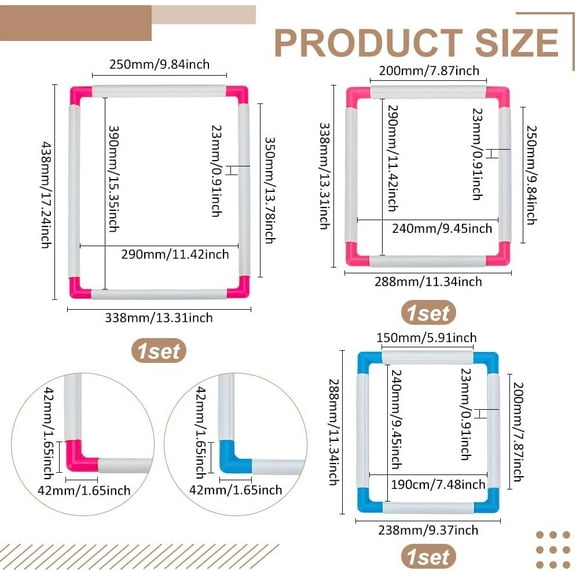 3 Sets Embroidery Hoops Pink/Blue Universal Plastic Embroidery Hoop Rectangular Cross Stitch Hoops and Frames Embroidery Snap Frame DIY Sewing Tool for Quilting Silk-Painting