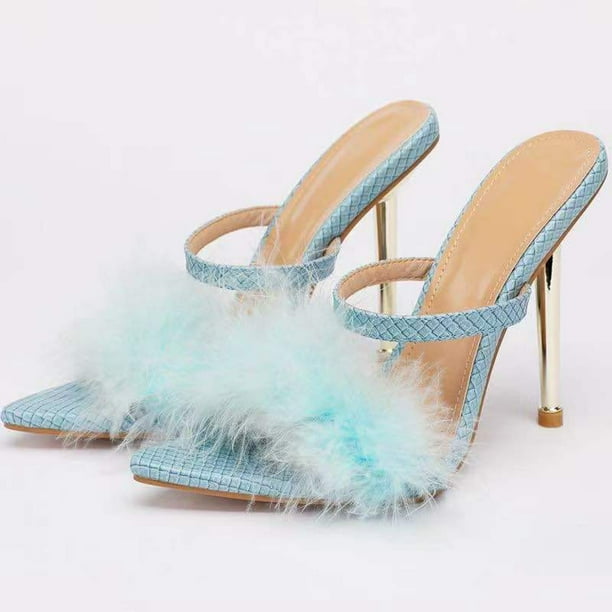 Sandalias exteriores de tacón alto con decoración de pelusa y punta abierta con boca de pez sexy para mujer Wmkox8yii ytu2922