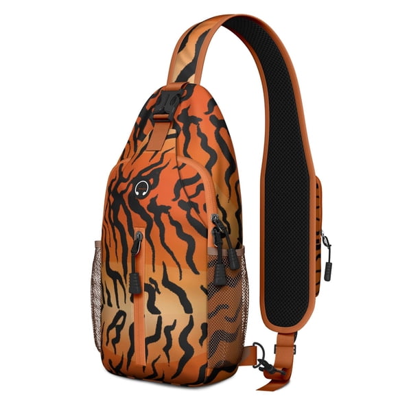 Artistic Tiger Crossbody Backpack, Wild Jungle Stripes Sling Bag with Roaring Bengal Face Pattern, Floral Tribal Design Anti-theft Travel Daypack for Tiger Lover, Commuting, Outdoor, Gym