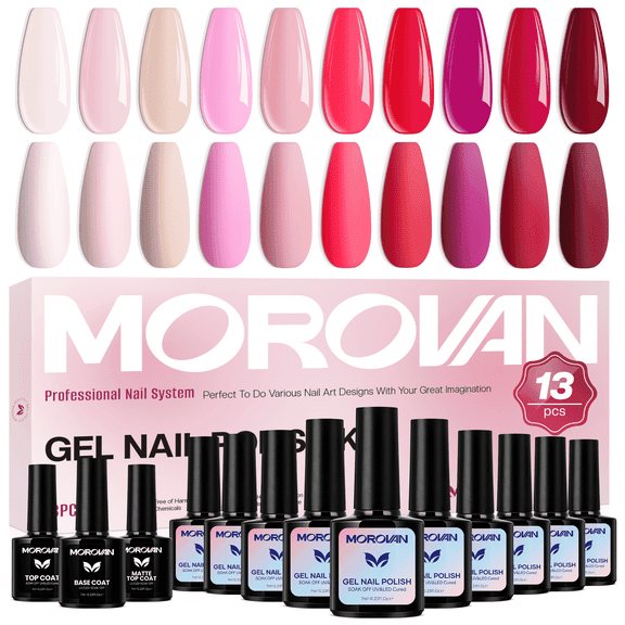 Morovan 10-Color Light Pink Sheer Gel Nail Polish Set with Base Coat, Top Coat & Matte Top Coat, Soak Off LED Polish DIY at Home Salon Gifts for Women Girls