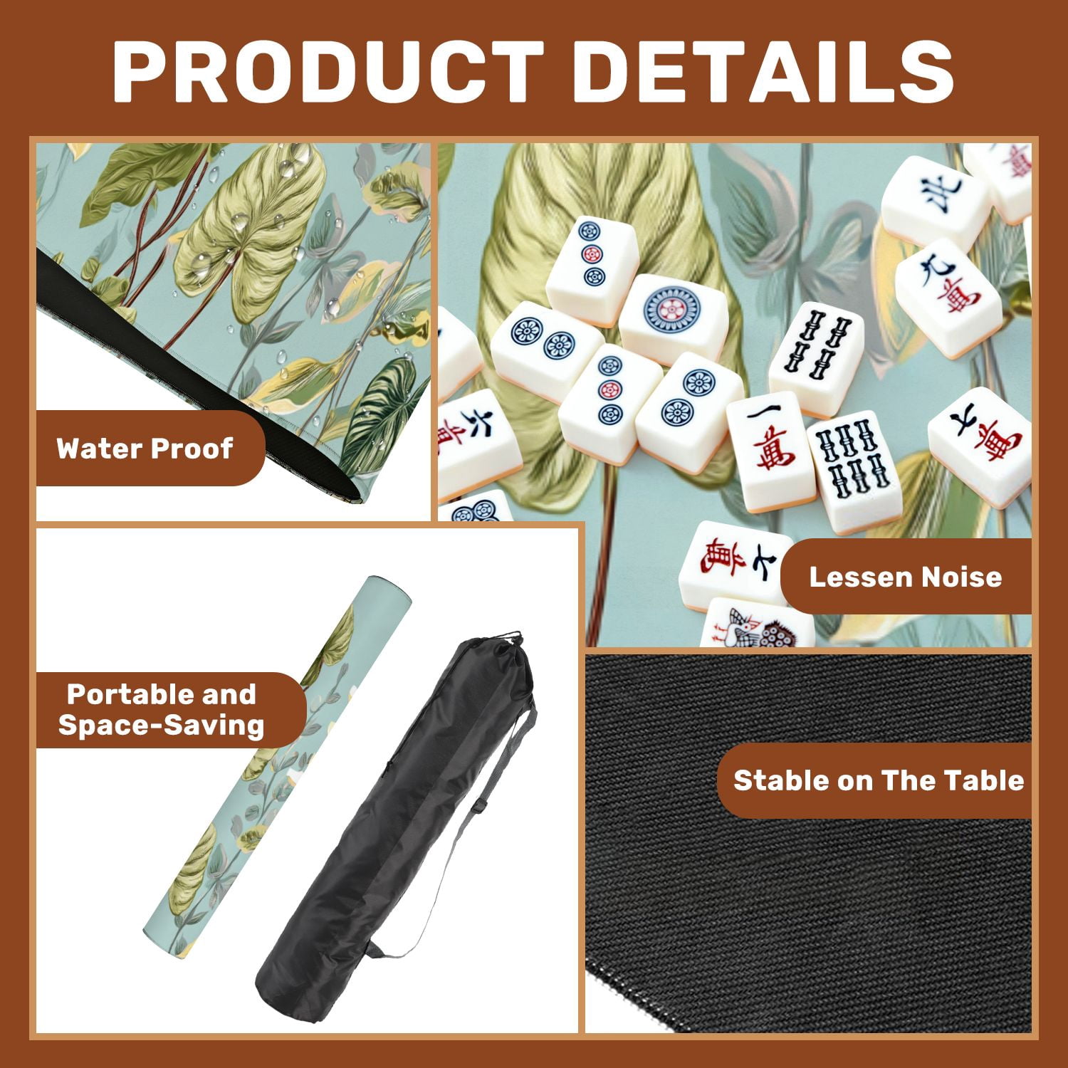 Mahjong Mat 31.5" x 31.5" Floral seamless green black white split leaf Philodendron Non-Slip Noise Reduction American Mahjong Tiles Table Cover for Dominoes Poker Card Board Games Gift