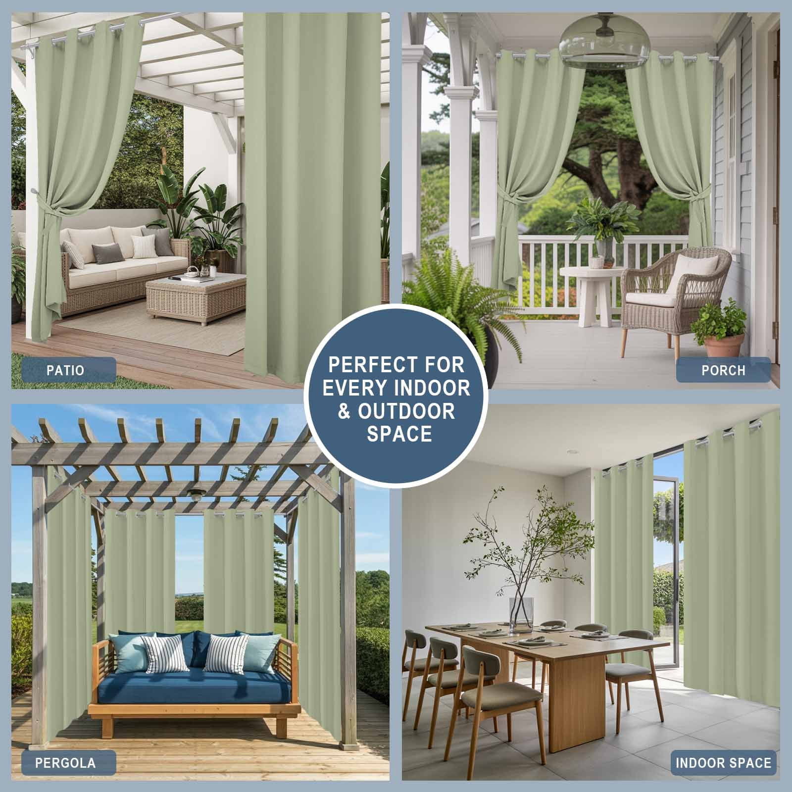 Sage Green Outdoor Curtains for Patio Waterproof, Windproof Privacy Curtains with Weighted Bottom, Farmhouse Sage Green Decor Outside Drapes for Picnic Garage Backyard Cabana 54"x95" 2 Panel
