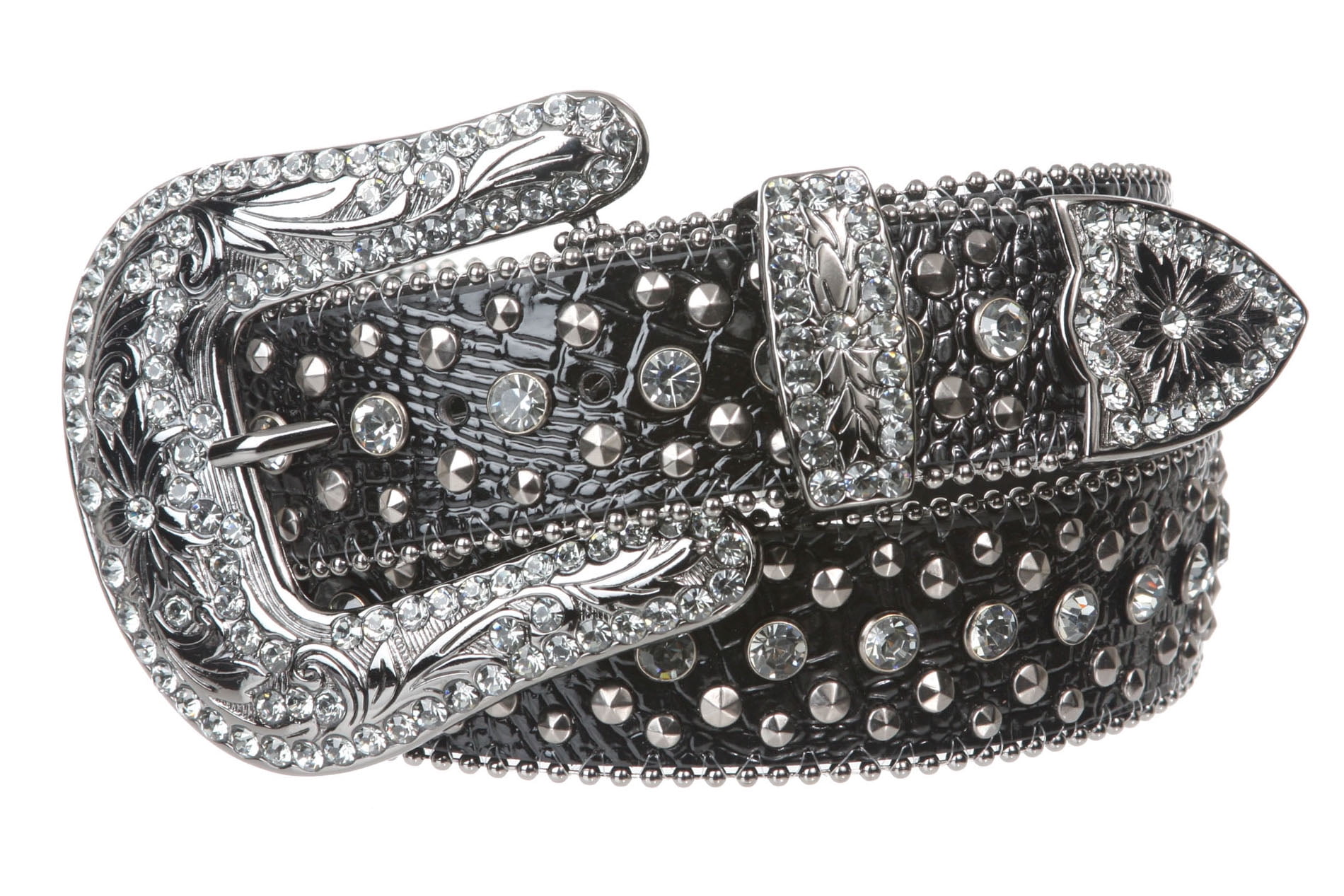 38, Black Western Cowgirl Fleur De Lis Bling Belt with Rhinestone Studded Buckle and Strap
