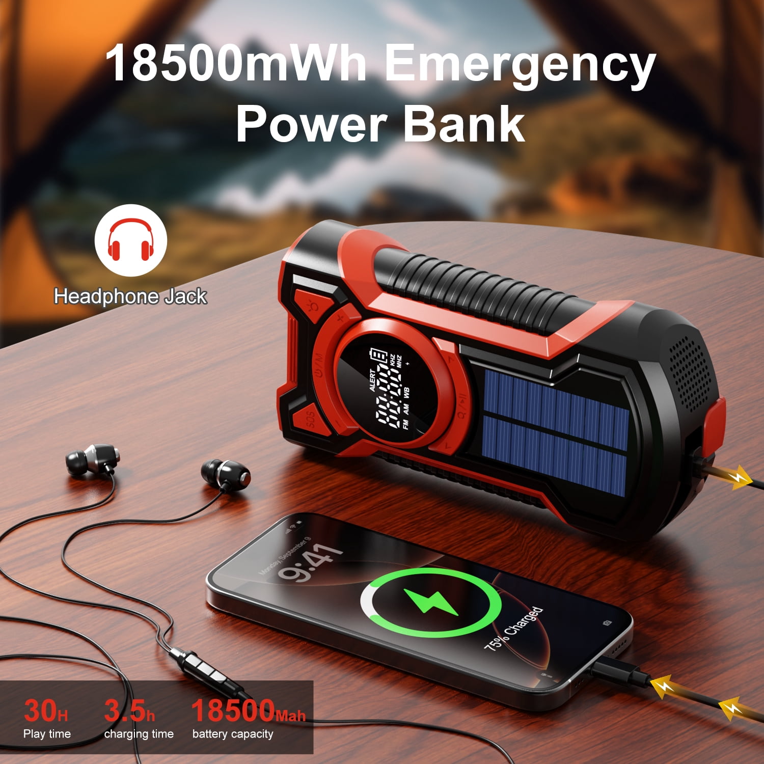 UMUTOO Emergency Radio - Solar Hand Crank, 18500mWh Power, NOAA, AM/FM/WB, LED, SOS - Hurricane, Camping, Home