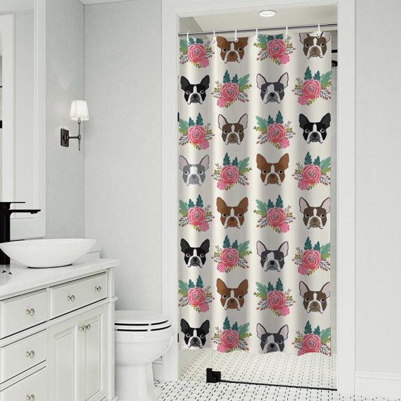 White Boston Terrier and Flower Shower Curtain 36"x72" ,Bathroom Decorative Shower Curtains Set with 12 Hooks,Modern Waterproof Washable Shower Curtain