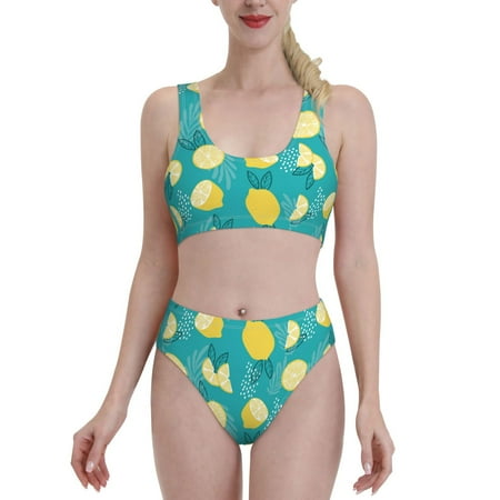 Daiia Lemon Blue printed 2 piece Swimsuit Bikinis for Women High Waisted Racerback Bathing Suits Summer Tummy Control Scoop Neck Swimwear-Large