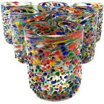 Hand Blown Mexican Drinking Glasses - Set of 6 Confetti Rock Tumbler Glasses (10 oz each)
