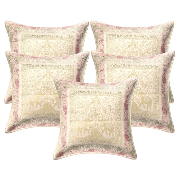 Stylo Culture Ethnic Settee Sofa Throw Pillow Covers 16x16 Jacquard Peacock White Square 40x40 cm Home Decor Brocade Elephant Zippered Cushion Covers | Set Of 5