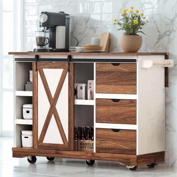 YIYADO 55.5" Rolling Farmhouse Kitchen Island with Drop Leaf, Sliding Barn Door, Power Outlets & Storage Drawers, Mobile Kitchen Cart for Dining Room,White