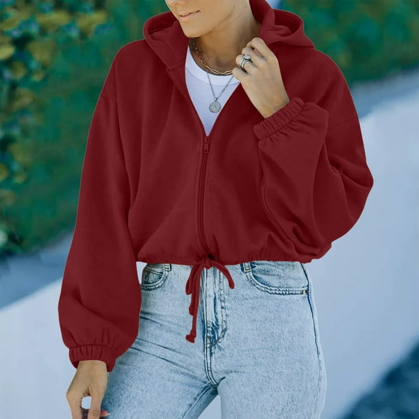 crop sweatshirt jackets for women with zipper long sleeve drawstring jacket  hoodies with pockets for teen girls - Walmart.com