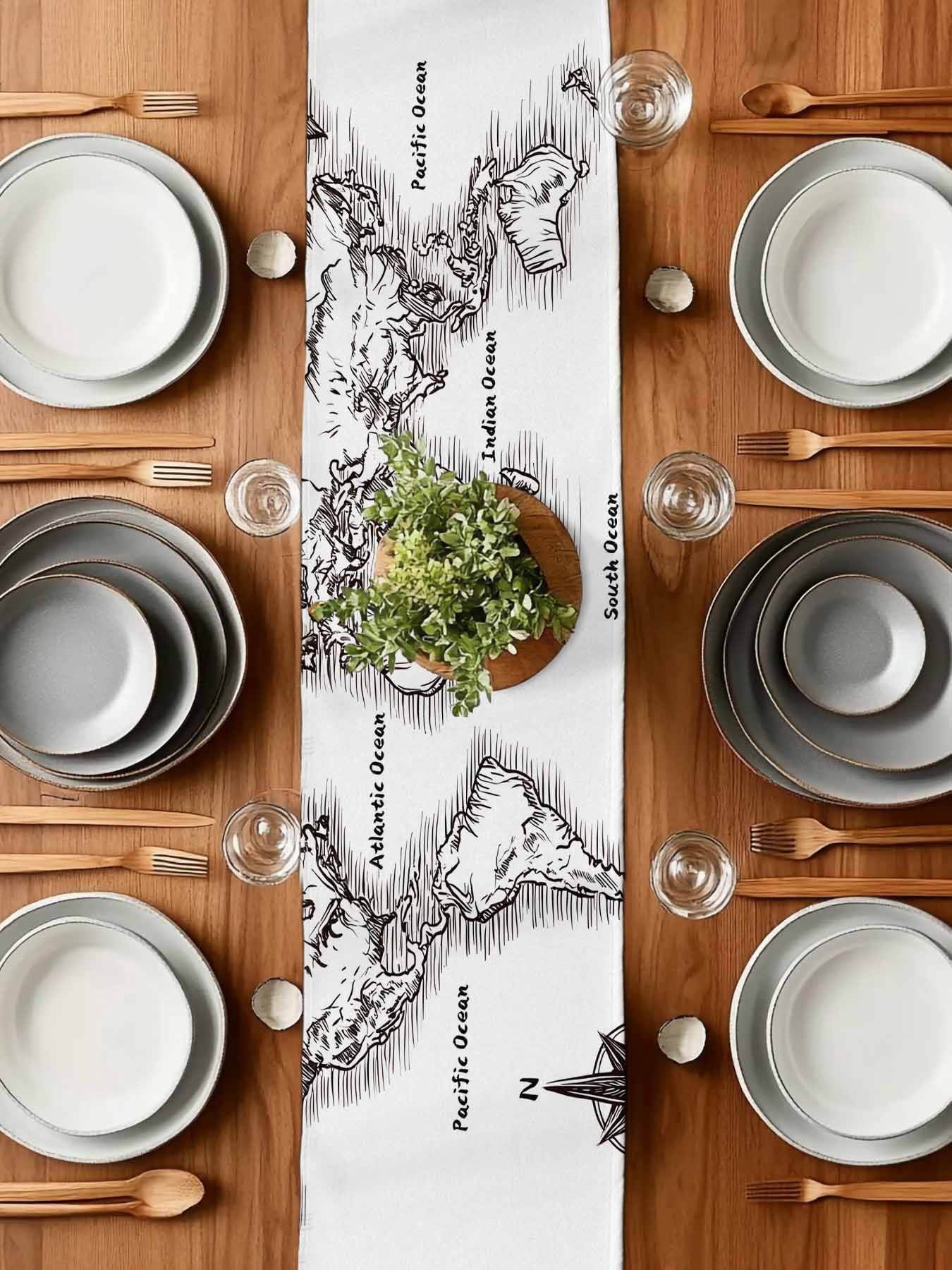 Sea Map Table Runner, Vintage Black White Nautical Travel World Map Compass Washable Cotton-linen Table Runners Dining Kitchen Decoration for Everyday Home Wedding Party Decor, 13 x 108 Inch