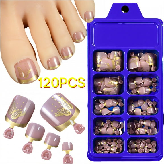 RAGUPEL 120Pcs Toe Press on Nails Square Short Travel-Ready Set Nails Butterfly Element Press on Nails Square for Women Style1