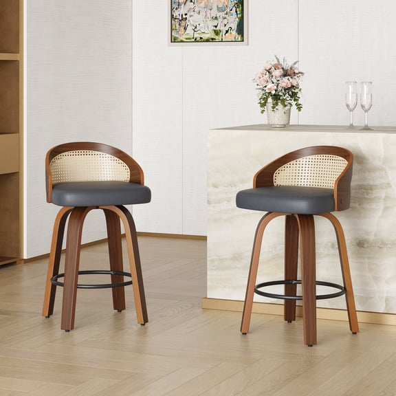 Set of 2 Swivel Bar Stools, Modern Wood Frame with Rattan Back, PU Leather with Footrest, Industrial Style