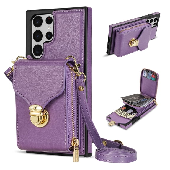 for Samsung Galaxy S22 Ultra Case Wallet with Shoulder Strap for Women - Crossbody Lanyard,Zipper Pocket,Credit Card Holder,Shockproof - Metal Buckle Closure Premium PU Leather Case, Purple