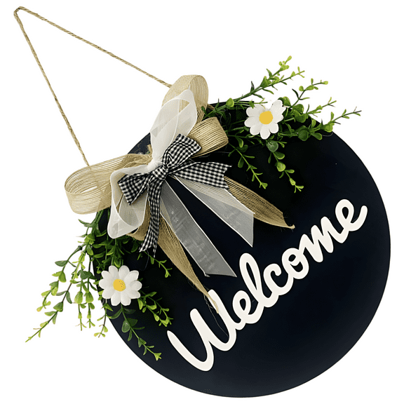 Welcome Sign for Front Door, 11.81 in（30 cm）Round Wood Farmhouse Decor, 3D White Welcome Letters, Multi-Layered Plaid Bow, Faux Greenery, Home Porch Entryway Decor