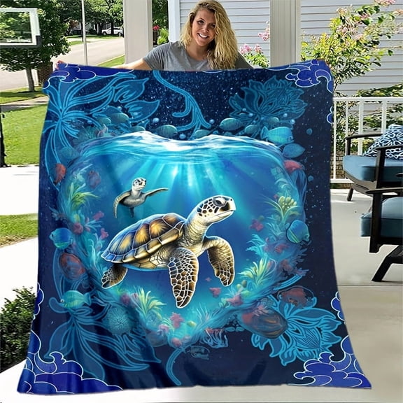 1pc Sea Turtle Print Flannel Blanket – Soft, Lightweight All-Season Throw – for Travel, Camping, Office, and Gifting Friends & Family, Sea Turtle Pattern |   Polyester Blanket