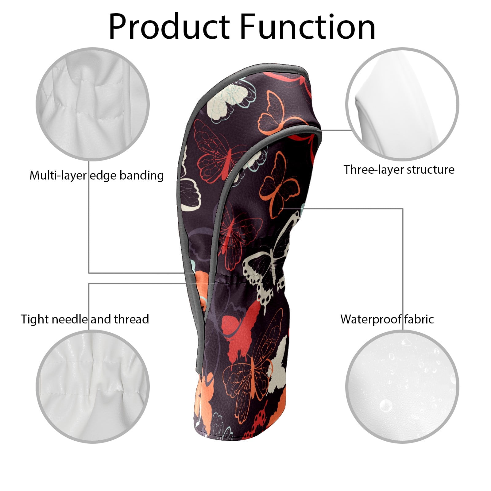 Golf Head Covers Colorful Butterfly Design for Driver, Wood & Hybrid, Premium Waterproof PU Leather with Plush Lining, Elegant Nature Golf Gifts