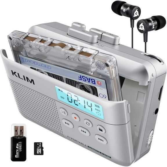 Restored KLIM K7 Cassette Tape Player & Recorder - MP3 Converter - Built-in Microphone & Speaker - Rechargeable - Earphones - 16GB SD Card - Silver (Refurbished)