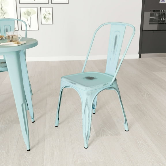 Merrick Lane Indoor/Outdoor Green-Blue Stacking Metal Dining Chair with Single Slat Back and Distressed Powder Coated Finish