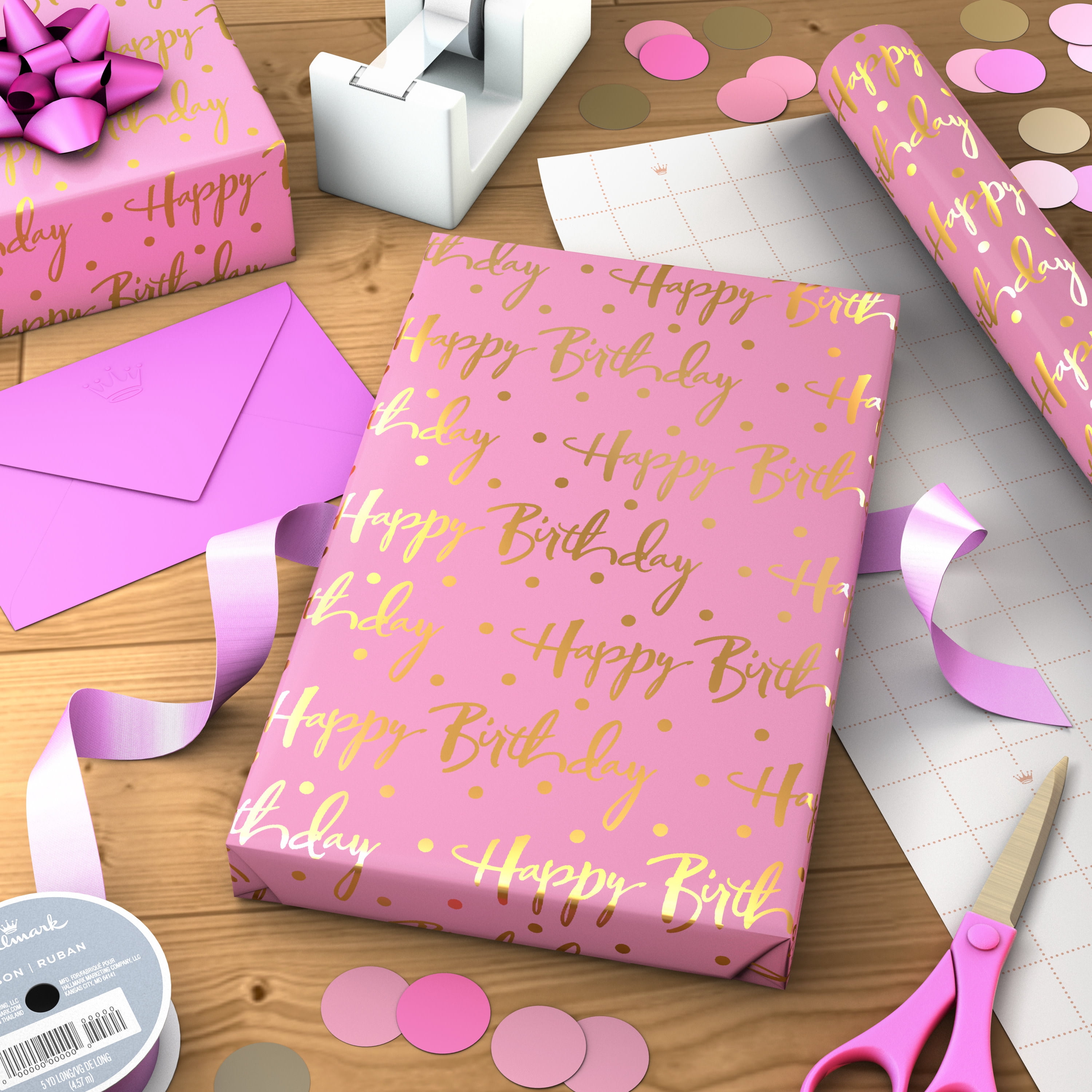 Hallmark Birthday Wrapping Paper Roll (Gold Lettering on Pink) 20 sq. ft.