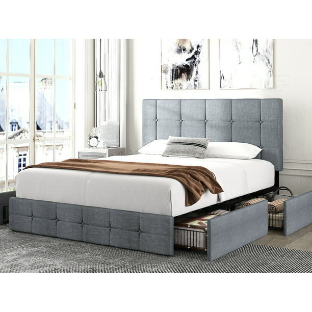 Amolife Queen Size Platform Bed Frame, Full Size Platform Bed With Storage Drawers And Headboard