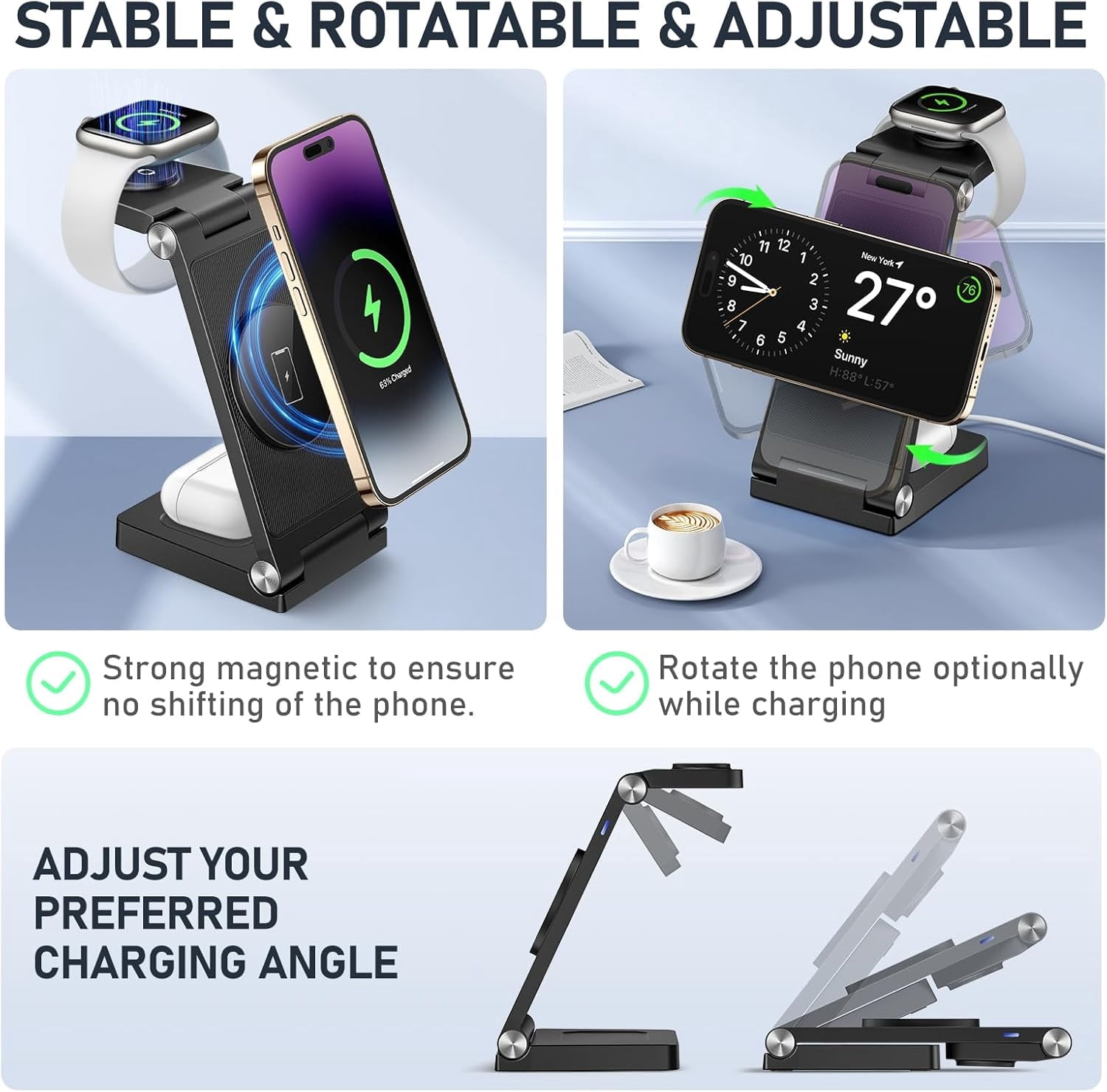 Magnetic Wireless Charger Stand, 3 in 1 Foldable Wireless Charging Station, Travel Charger for Multiple Devices for iPhone 16 15 14 13 12 Series, Apple Watch Ultra/9/8/7/6/5/4/3/2, AirPods,Black
