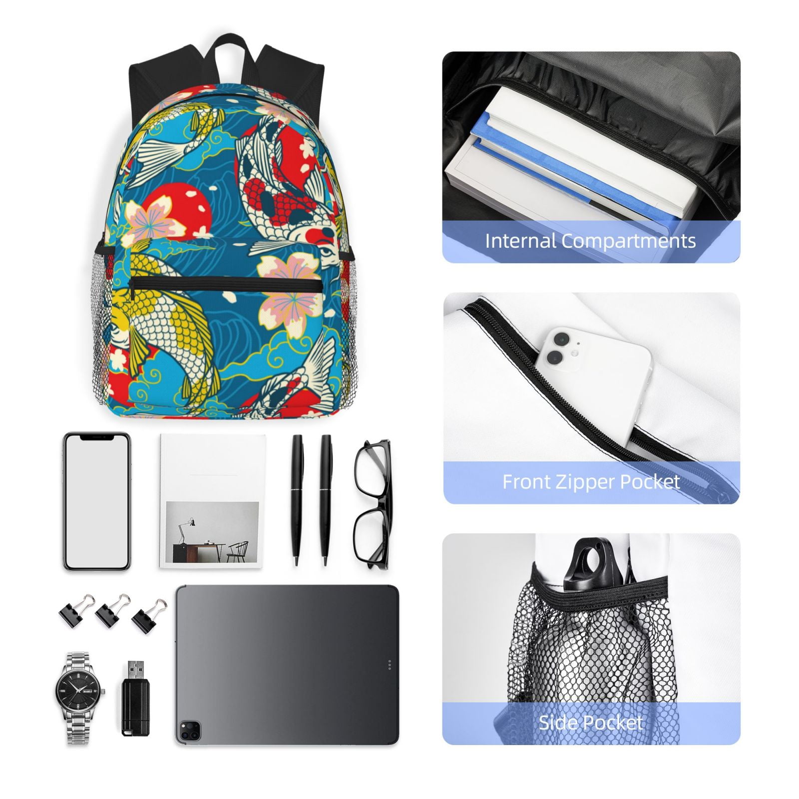 Gukieu Japanese Koi Print Backpack, Waterproof Backpack with Adjustable Shoulder Straps, Suitable for Campus, Business, Travel, Unisex