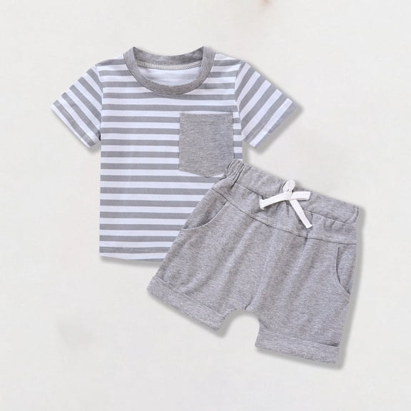 Toddlers Kids 2 Piece Sets Going-Out Outfits with Pockets 9M-4Y Boys Casual Strip Short Sleeve T-Shirts and Shorts Loungewear Suits Set