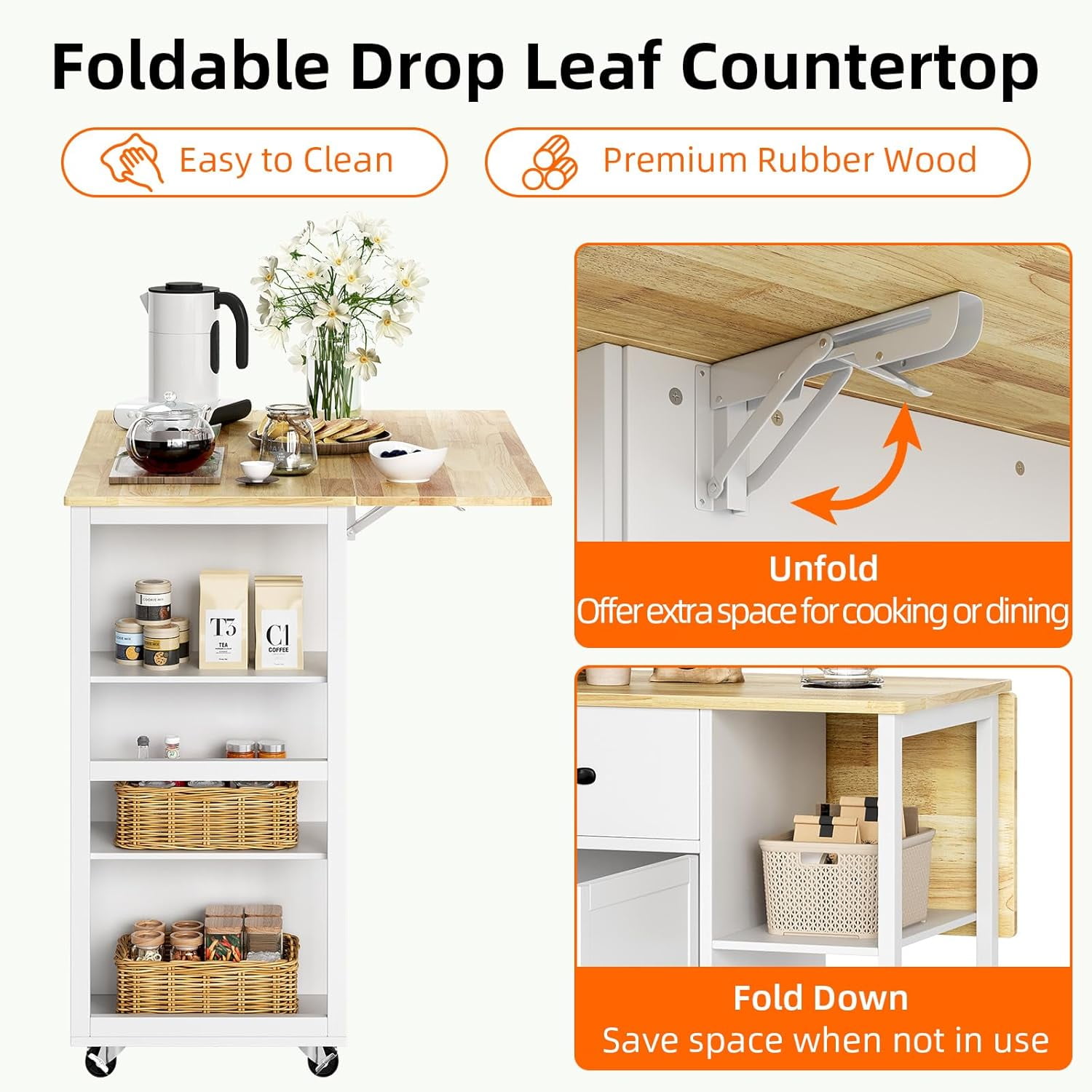 Garvee Rolling Kitchen Island Cart 43.12 x 24 x 36", with Drop Leaf, 4 Wheels with Storage, White