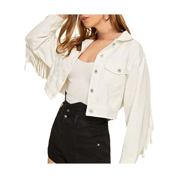 Michellecmm Women Casual Crop Denim Jacket Lightweight Tasseled Long Sleeves Button Jean Cardigan for Outwear Streetwear