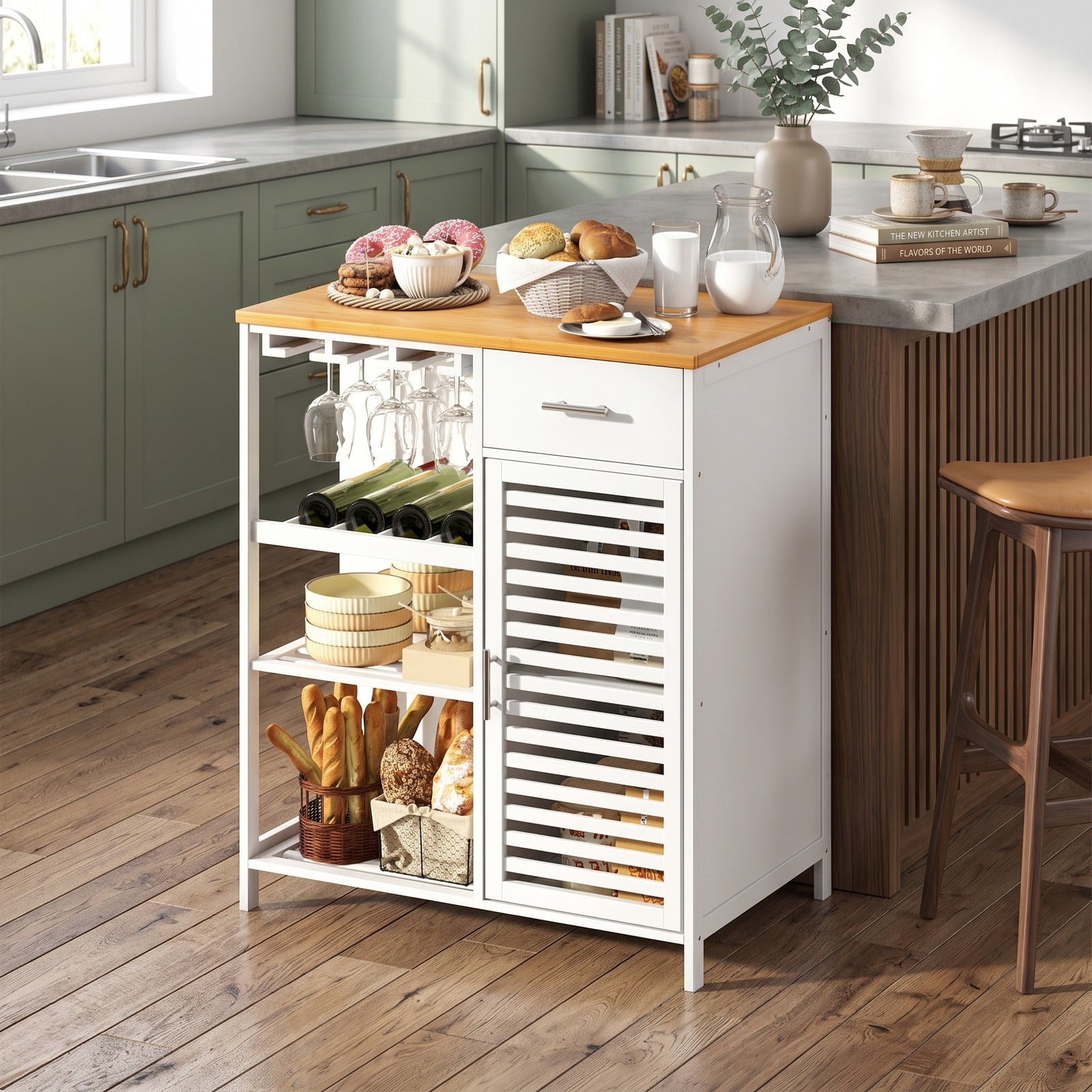 Furnibear Coffee Bar Cabinet with Wine Rack, Glass Holder and Bamboo Top, Farmhouse Buffet Sideboard Storage Cabinet with Drawer and Slatted Shelves for Kitchen, White