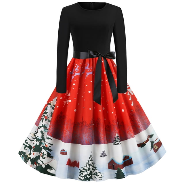 Robe Rockabilly Vintage Patchwork pour Femmes Robes Noël Nœud Robe de Fête