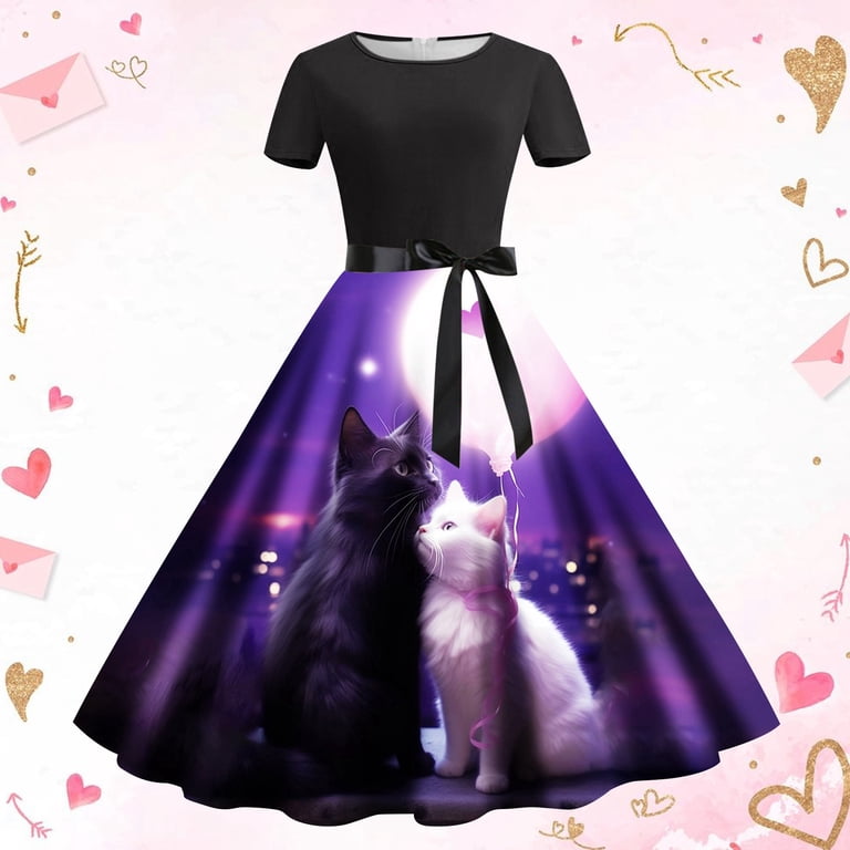 Wxolcjlv Women Wedding Dresses Womens Fashion Valentines Day Cat Print  Round Neck Short Sleeve Retro Casual Dress One 1920S Dresses For Woman