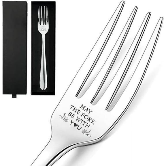 8.2inch "May The Fork Be with You" Engraved Stainless Steel Fork with Gift Box Funny Table Dinner Fork Dessert Fork for Friends Families Festival Wedding Anniversary Christmas for diy