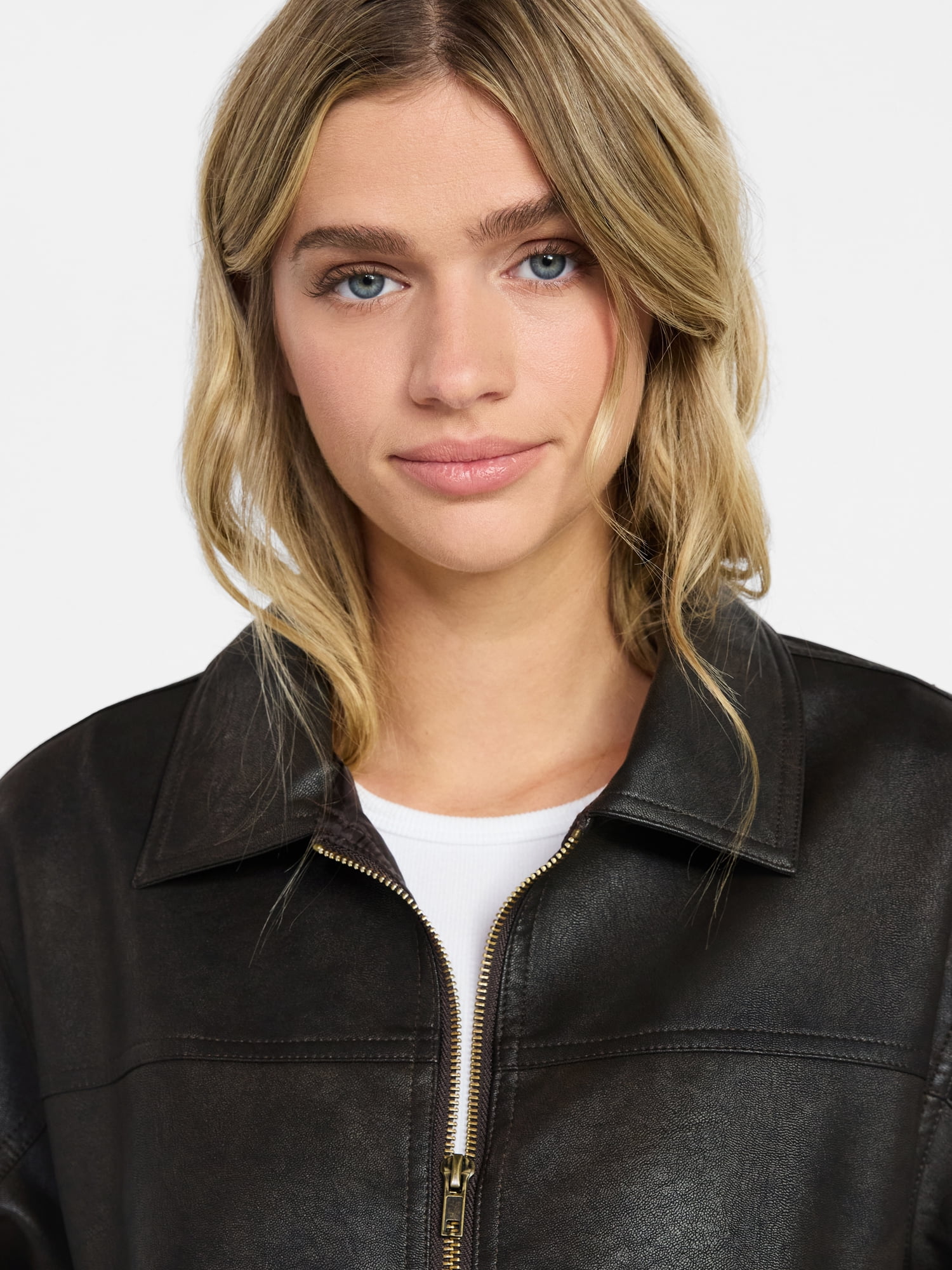 No Boundaries Relaxed Fit Faux Leather Jacket, Women's XXS-XXL