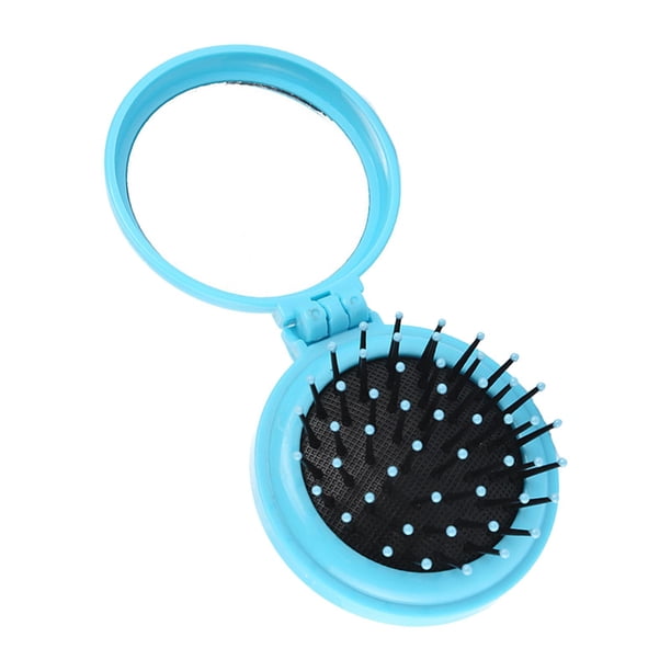 Cepillo de pelo pequeño con espejo, peine de masaje para el cabello, espejo de viaje redondo plegable, mini portátil para mujeres y niñas , azul Zulema cepillo de pelo