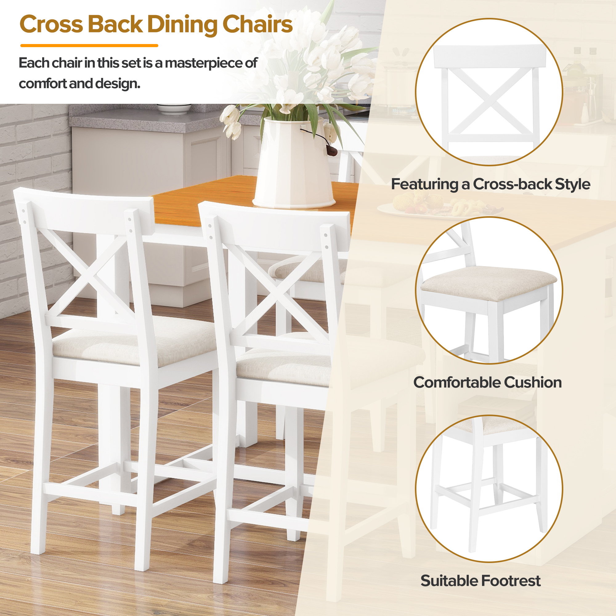 Euroco 5 Piece Counter Height Dining Table Set, Solid Wood Farmhouse Kitchen Table Set with Open Storage Shelves for 4,Peferct for Small Place,White