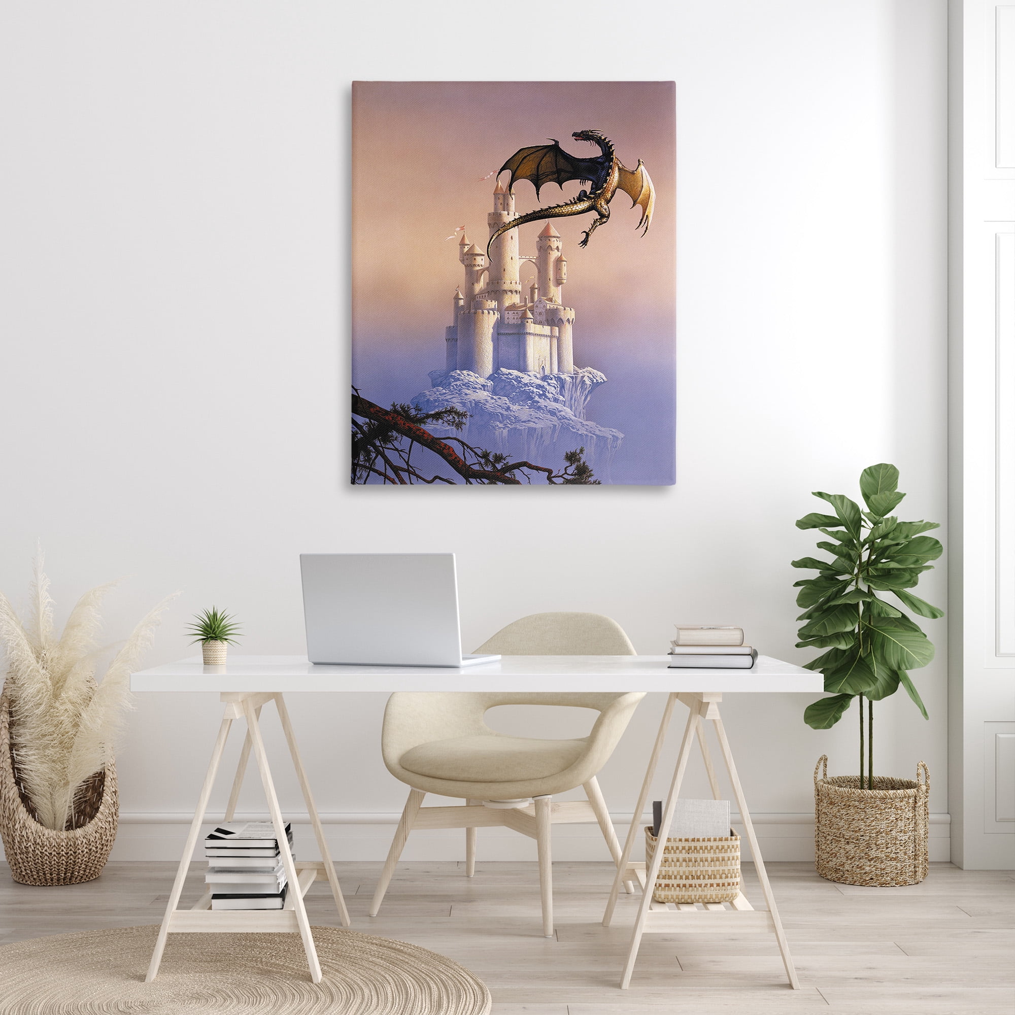 Stupell Industries Magical Dragon & Castle Fairy Tales & Fantasy Painting Gallery Wrapped Canvas Art Print Wall Art, 36 x 48