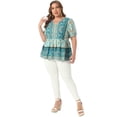 thumbnail image 3 of Women's Plus Boho Floral Print V Neck Short Sleeve Summer Blouses 2X Green, 3 of 6