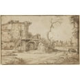 thumbnail image 2 of Jan van de Velde II 14x11 Black Ornate Wood Framed Double Matted Museum Art Print Titled: An Inhabited Ruin on the Bank of a River (ca. 1630-40), 2 of 5