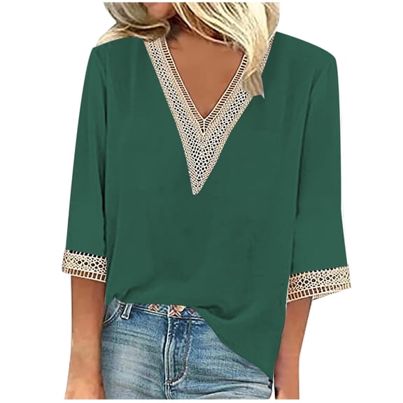 Summer Tops for Women Fashion Spring And Summer Solid Color Knitted Jacquard V Neck Split Sleeve Casual T Shirt Top Thick Button up V Neck Running Exercise Raglan Tunic Women Green 3XL( 2)